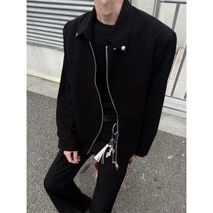 杨博文同款翻领棒球服男春季美式复古网红潮拼接撞色工装夹克,韩版中长款羊绒杏色大衣搭配图片