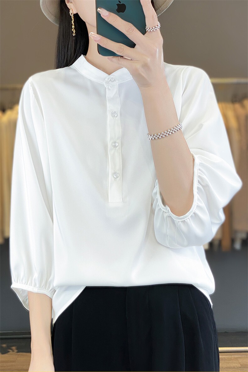 夏季新款重磅醋酸真丝七分袖衬衫女士立领纯色泡泡袖宽松休闲显瘦,女装衬衫,朝贺羊绒