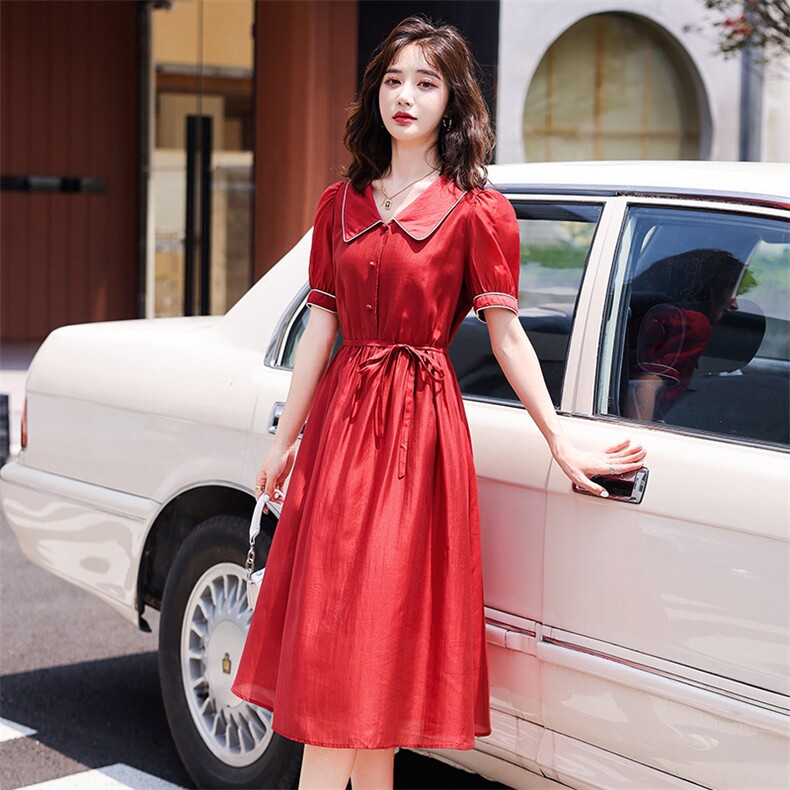 娃娃领天丝连衣裙女2022年夏季新款法式复古洋气气质中长款裙子,女装连衣裙,辉之琳