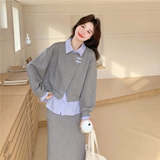 【新款】灰色假两件上衣+半身裙风套装W675P190K308，女装套装/套裙，2C209
