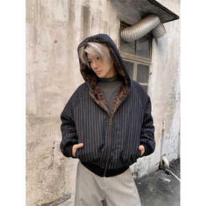豹纹座山雕棉服男女宽松潮流复古竖条纹连帽外套图片