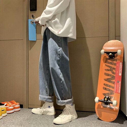 现货秋冬新款港风宽松直筒老爹裤百搭加绒牛仔裤男k901-p35加绒45，男装牛仔裤，星座1008-2