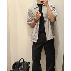 复古格纹短袖衬衫男夏季宽松休闲格子衬衣翻领半袖上衣C2276，男装T恤，星座1116A（原606A-3）