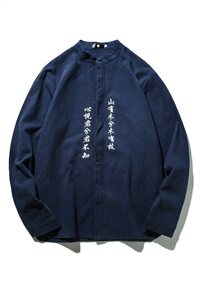 2021春秋季新款男装 潮文字刺绣男士衬衣大码文艺范衬衫 C03图片