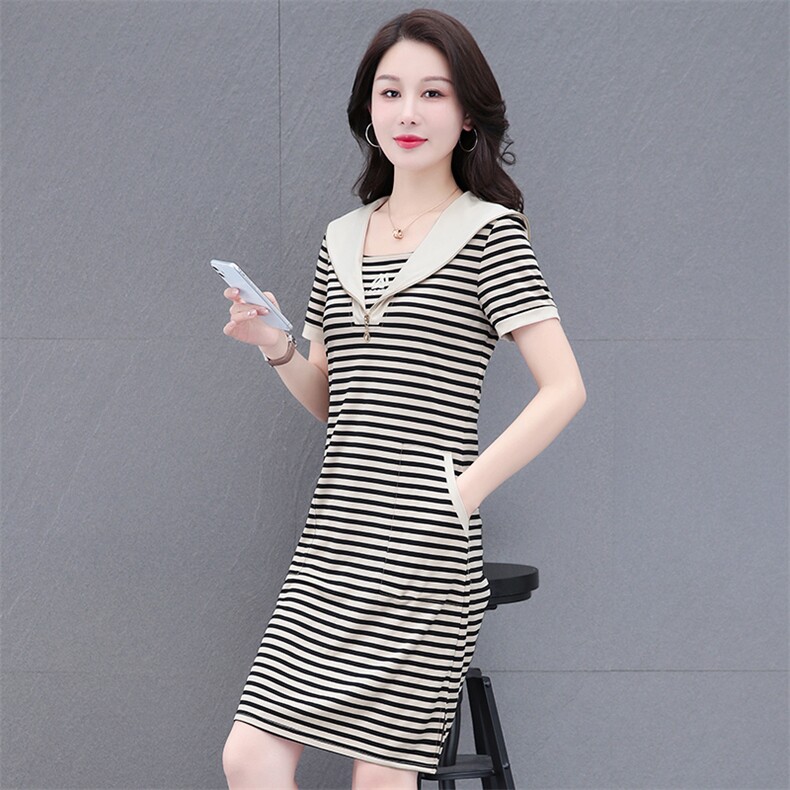 燕颉条纹短袖连衣裙女士夏季2023新款海军领中长款妈妈时尚裙子,女装连衣裙,燕颉服饰