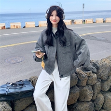 灰色人字纹毛呢羽绒服外套女2025新款冬季韩系羽绒内胆呢子夹克，女装羽绒服，2C135