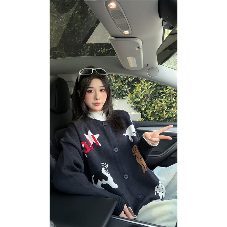 现货美式复古趣味可爱狗狗刺绣慵懒风针织开衫男宽松毛衣外套潮牌,男装针织衫/毛衣,星座302B