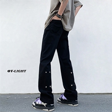 美式ins高街牛仔裤小众百搭微喇铆钉纽扣拼接牛仔裤K2312-P60，男装牛仔裤，电商A062