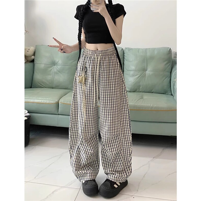 AK2349-P55夏季新款慵懒松弛感蓝格子垂感休闲裤女阔腿裤,女装休闲裤,星座617A-2