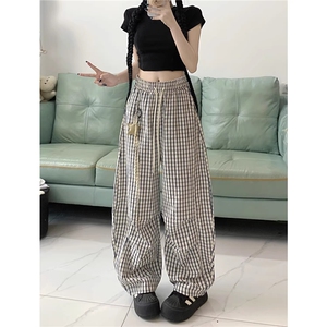 AK2349-P55夏季新款慵懒松弛感蓝格子垂感休闲裤女阔腿裤图片
