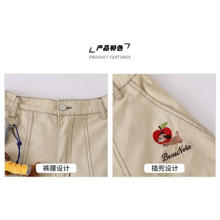 趣味小狗刺绣工装七分裤美式潮牌慵懒宽松直筒显瘦短裤,女装休闲裤,星座1210-1
