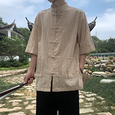 现货新中式亚麻短袖风棉麻中华立领盘扣衬衣MT8515-P38控58，男装T恤，星座205-5