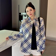 蓝格衬衫设计感格纹撞色薄款长袖上衣女早秋宽松显瘦翻领外套，男装衬衫，星座218-1（原230）
