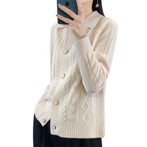 翻领绞花100%纯羊毛开衫女加厚针织毛衣外套宽松慵懒风羊绒衫外搭图片