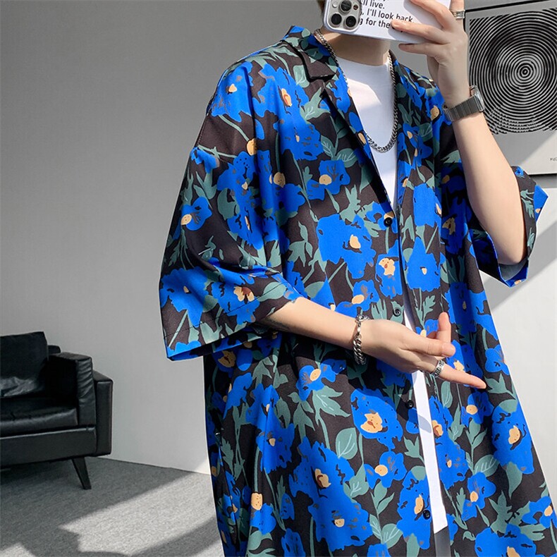8XL-M 冰丝凉感衬衣垂感透气复古花纹宽松男五分袖短袖衬衫CS526图片