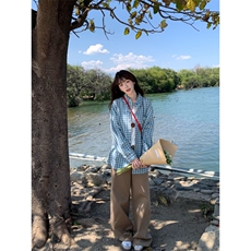 网图复古格纹黄色衬衫春夏季韩系宽松休闲上衣长袖防晒外套特P38，男装防晒衣，电商C306-1