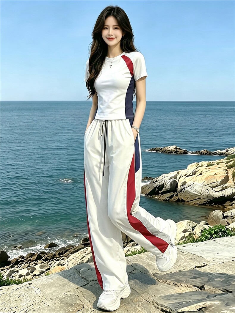 潮流时尚休闲运动套装女夏季新款显瘦竖纹圆领短袖上衣长裤两件套,女装套装/套裙,江南