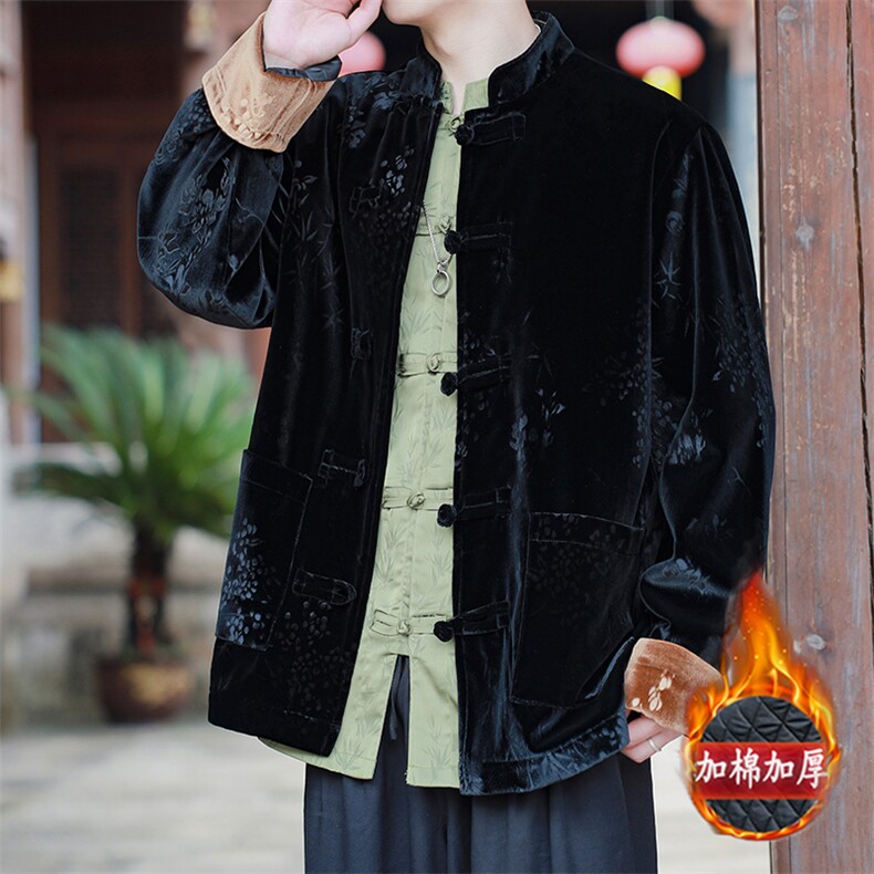 现货丝绒小鸟竹叶丝绒压花加厚棉衣新中式MY9911-P130控188,男装棉衣,电商A021