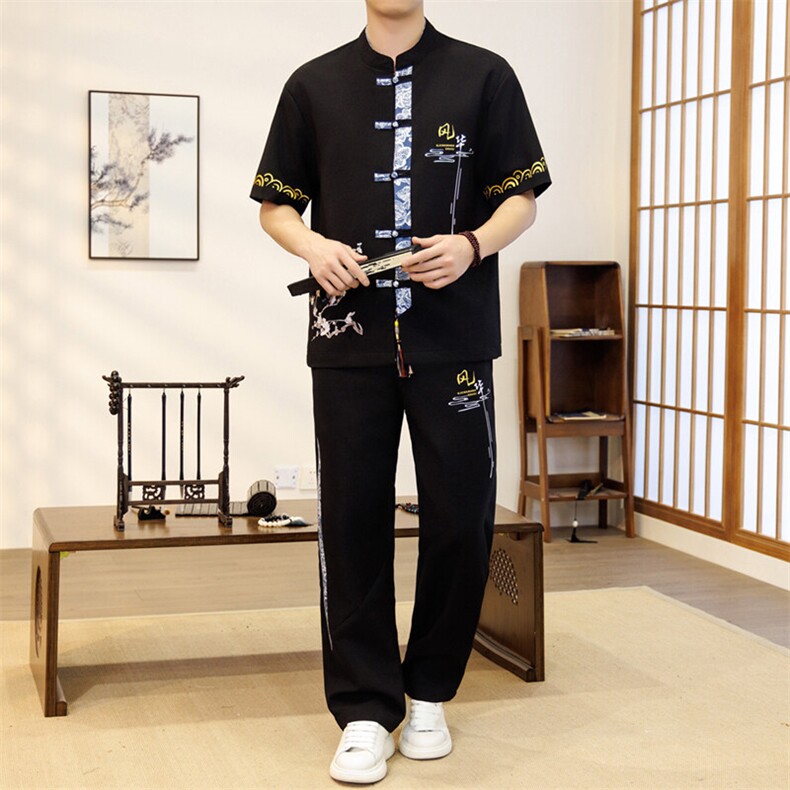 潮风套装男新中式短袖衬衫时尚休闲长裤两件套JZ303-P63,男装休闲套装,星座310B-3