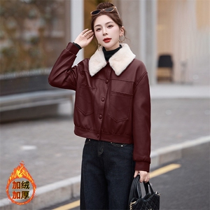 现货海宁f仿真皮皮衣女加绒加厚短款2024冬季新款女士宽松皮外套图片