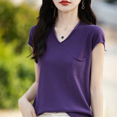 卷边V领100%纯棉针织短袖T恤女夏季薄款纯色带兜上衣宽松半袖打底，女装针织衫/毛衣，斯美雅电商供货