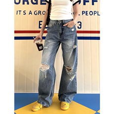新款潮流破洞牛仔裤夏季新款宽松直筒阔腿美式高街潮牌B0028，男装牛仔裤，星座208-5