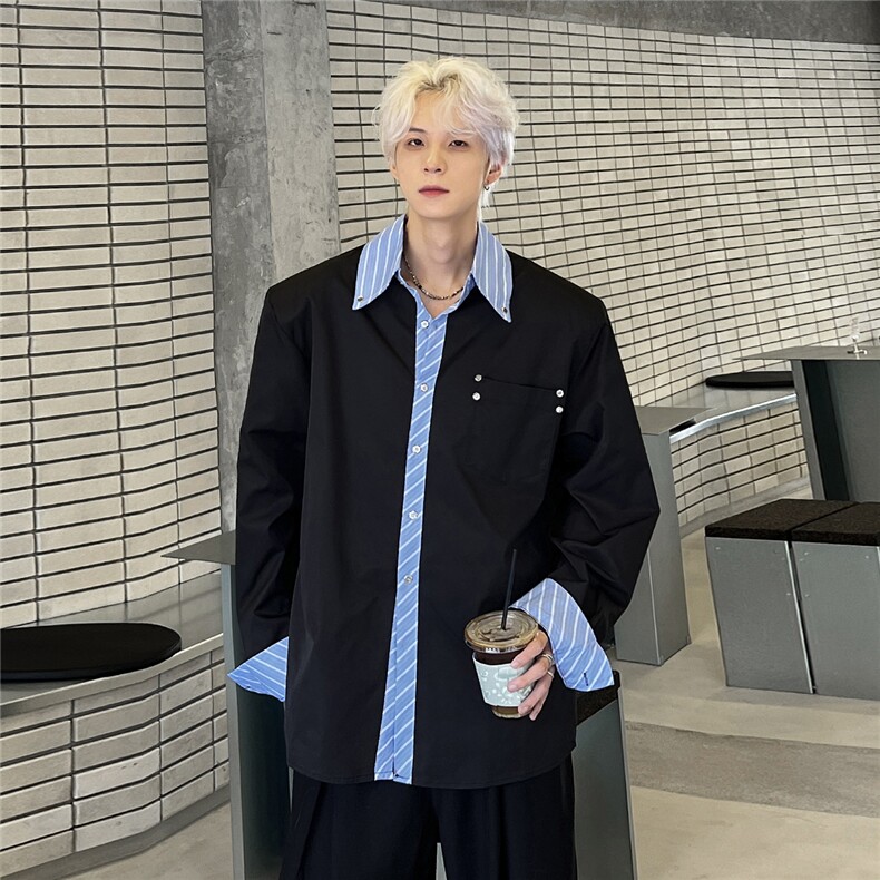 小众解构条纹假两件衬衫男秋冬季长袖上衣手工铆钉CS91-P58,男装衬衫,电商C307