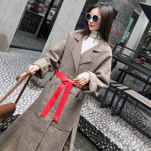 大口袋2021秋冬季新款中长款时尚简约格子毛呢外套气质呢子大衣女图片