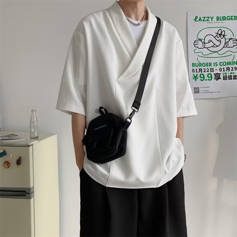 T02-P32夏季V领垂坠感短袖衬衫男潮牌慵懒风高级感港风宽松,男装T恤,电商B323A