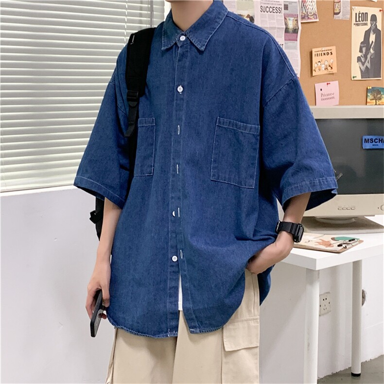 夏季潮牌牛仔衬衫男短袖韩版潮流宽松百搭日系休闲衬衣CS051-P40,男装衬衫,星座1008
