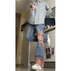 美式高街拼接显高牛仔裤男女微喇叭裤印花拼接休闲长裤GJ379P60