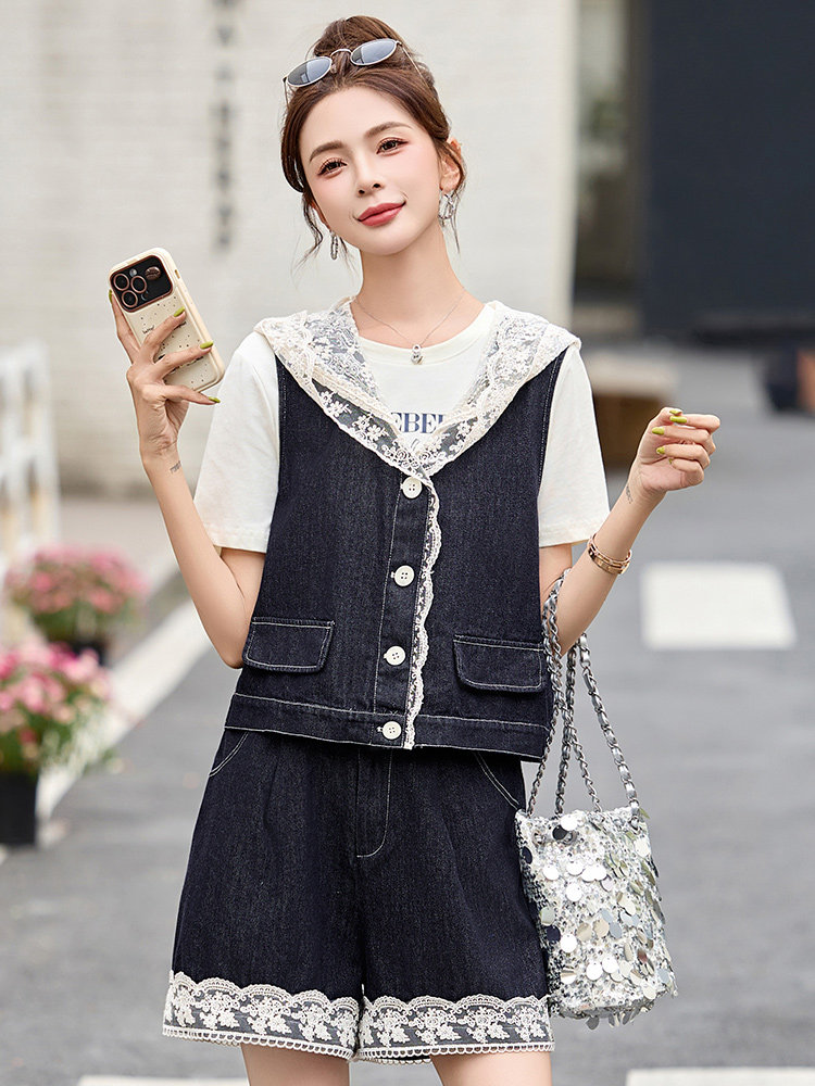 夏季减龄一整套高级感绝美穿搭短袖蕾丝拼接牛仔马甲短裤两件套潮,女装套装/套裙,沁沁公主