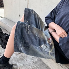 美式喷画链条印花牛仔七分裤2025夏季高腰宽松直筒短裤RK2895-51，男装牛仔裤，星座412-3