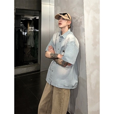 美式复古潮牌水洗设计感短袖衬衫男女粉色学院风磨白衬衣，男装衬衫，星座410-7
