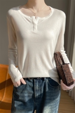 2025新款简约百搭纯色女士开口V领莱赛尔长袖，女装蕾丝衫/雪纺衫，羊特美羊绒