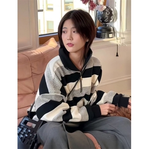 复古半拉链条纹卫衣男女春秋薄款宽松长袖上衣外套 W8805图片
