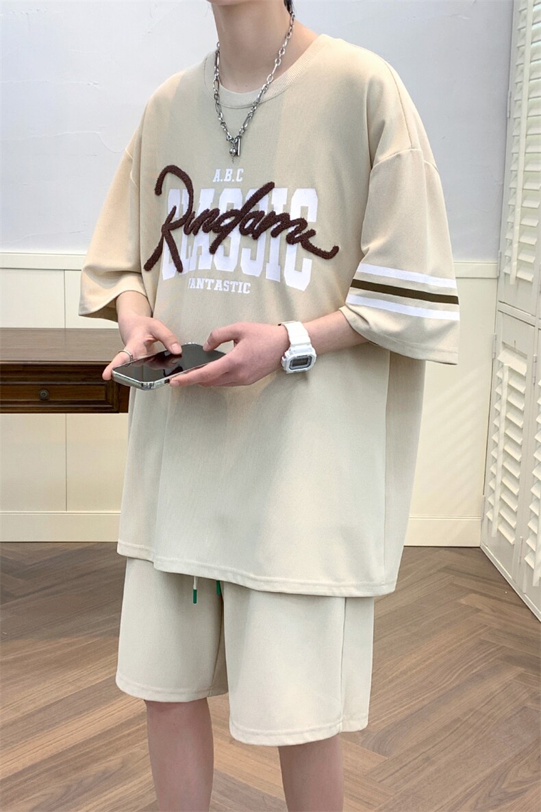 夏上新学生刺绣圆领半袖套装印花宽松短裤T恤男女6641-P60控价88,男装T恤,电商A441-1