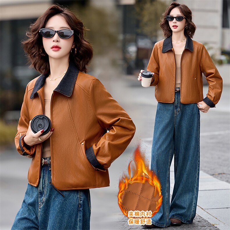 2025秋冬季女装新款大量现货拼色翻领袖口翻边撞色短款皮衣外,女装皮衣,衣之秀
