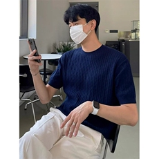 夏季麻花蓝色圆领短袖纯色上衣薄针织衫短袖T恤男装潮TB251，男装T恤，星座1116A-2（原606A-1）