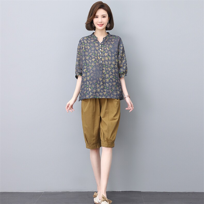 夏季纯苎麻上衣裤子两件套2022年夏季女款中年妈妈时尚套装,女装套装/套裙,忆绮罗