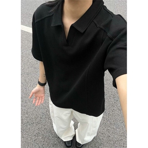 v领短袖polo衫男夏季重磅美式显肩宽廓形t恤boxy正肩半截袖 TZ107图片