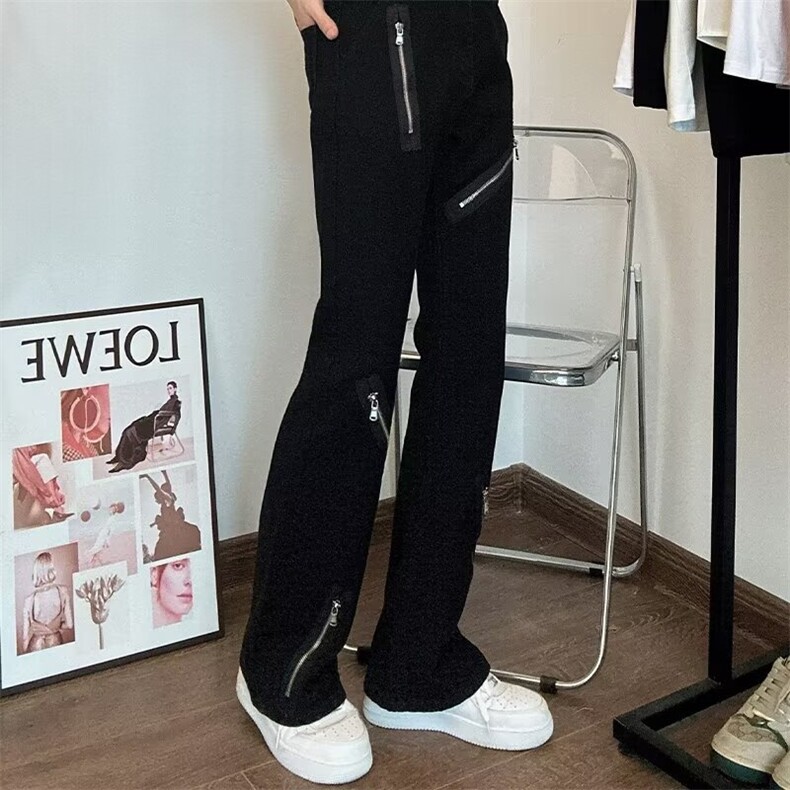 美式高街Vibe风拉链牛仔裤ins潮牌喇叭裤加绒阔腿裤K6087-P48网图,男装牛仔裤,电商B245