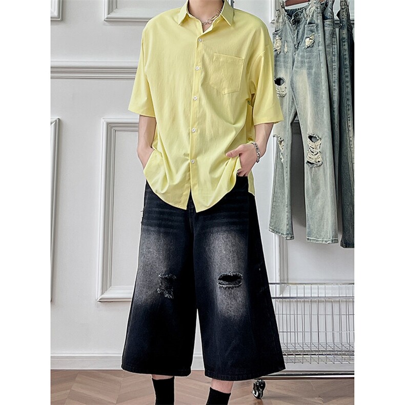 柠檬黄oldschool衬衫盐系男友风夏季七分袖冰丝褶皱衬衣DX105-P40，男装衬衫，电商A178