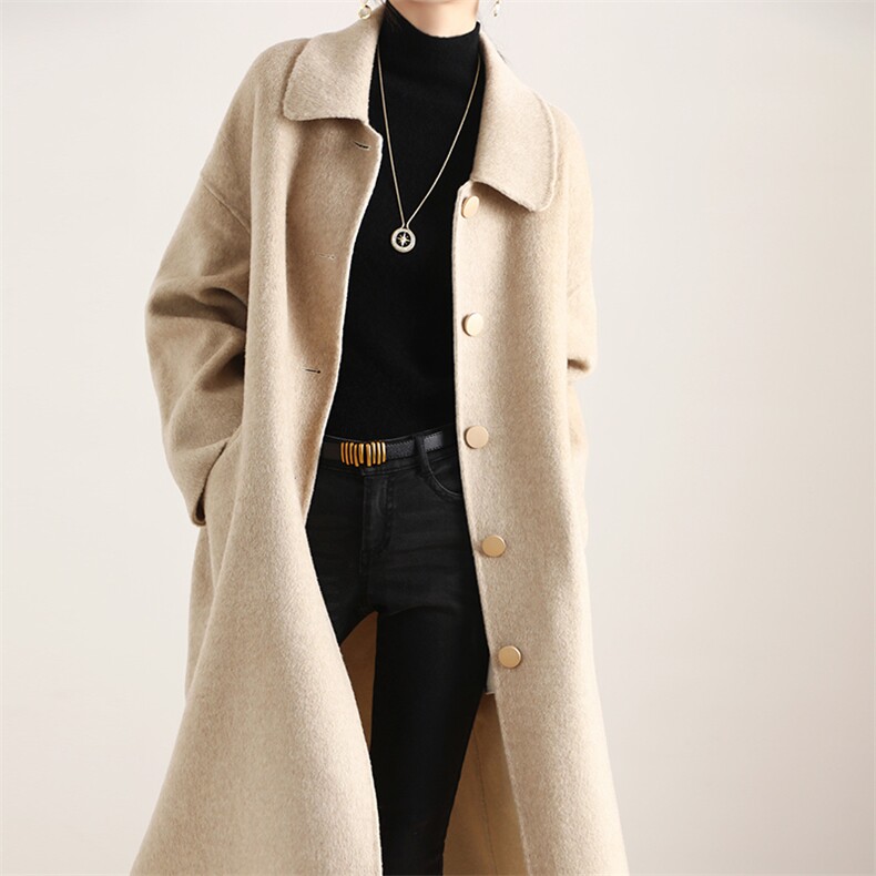2025年秋季双色娃娃领时尚百搭通勤休闲双面呢羊毛大衣，女装双面呢大衣，琳尚羊绒