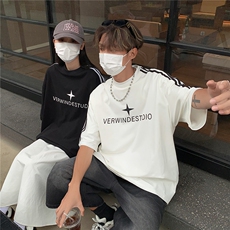 美式短袖三条杠织带情侣短袖T恤男女宽松重磅体恤上衣G1080P35，男装T恤，电商A339