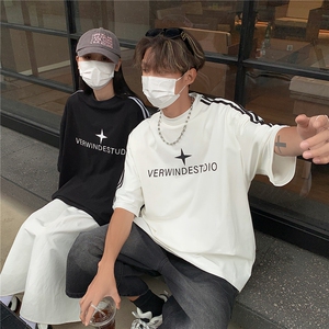 美式短袖 三条杠织带情侣短袖T恤男女宽松重磅体恤上衣G1080 P35图片