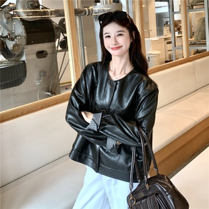 高级感复古圆领工装皮衣女装2025机车夹克秋冬休闲小个子短外套潮图片