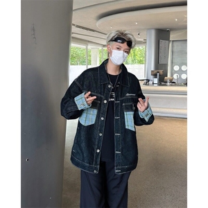 GC092-P65 春季牛仔外套男2025年新款宽松潮牌口袋格子拼接夹克图片