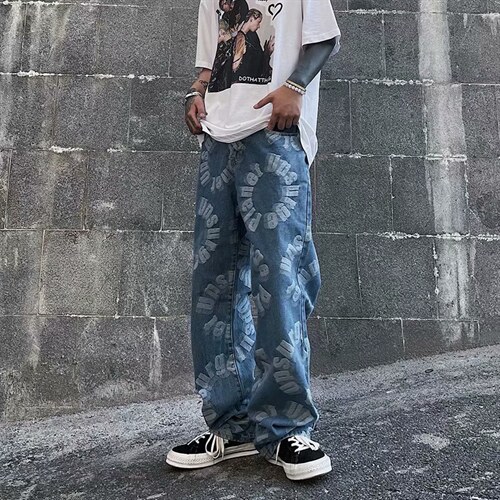 复古阔腿牛仔裤男宽松hiphop高街嘻哈休闲阔腿拖地长裤子k171-p45，男装牛仔裤，星座1008