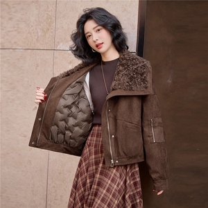 羽绒服外套女2025年冬季新款时尚羊羔毛拼接羽绒外套女图片